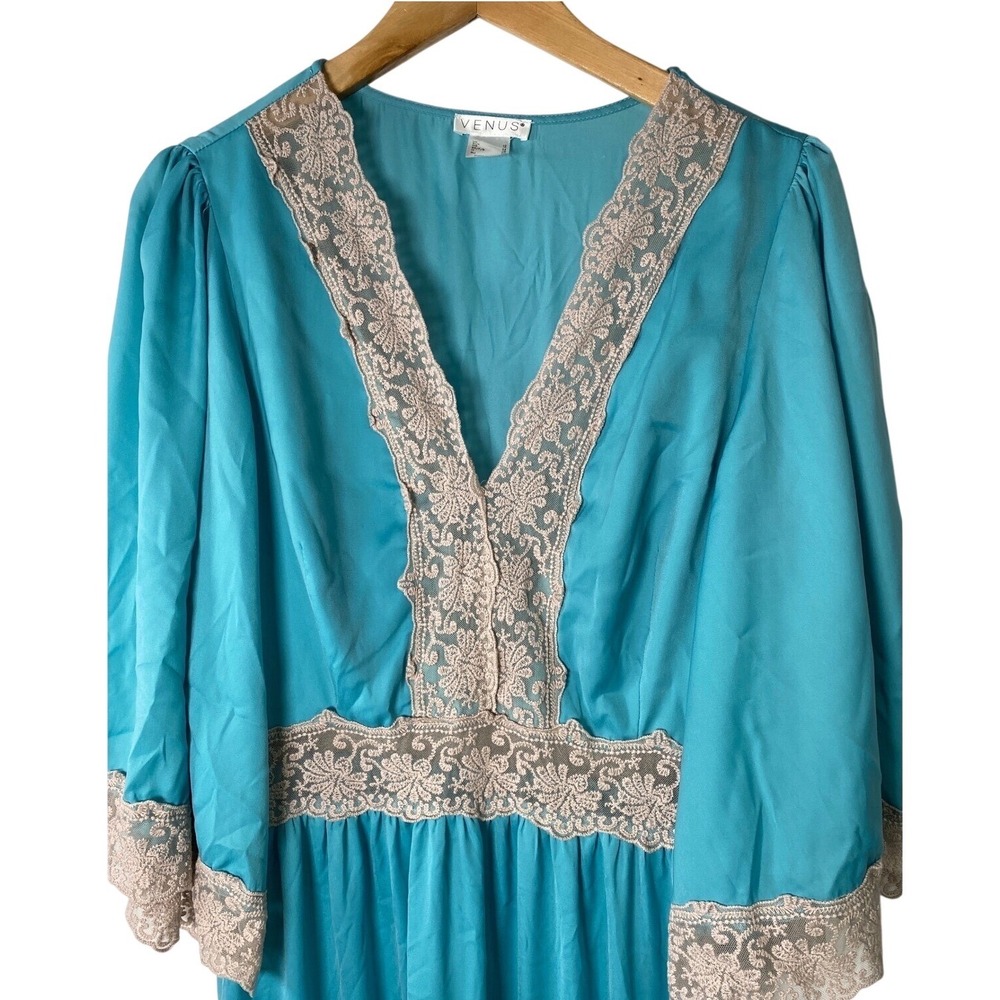 Venus Womens Maxi Dress 12 Blue Lace Trim Empire Waist Flare Sleeves Boho 70s